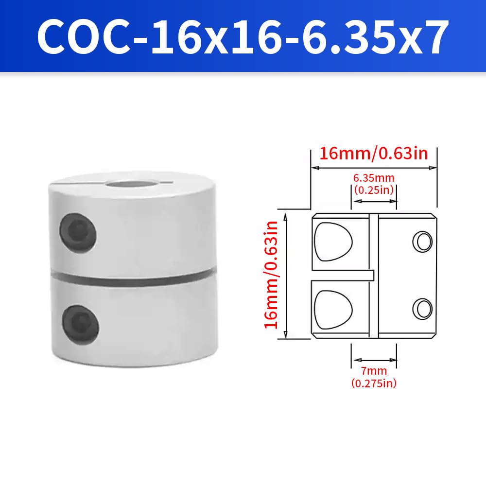 6.35mm to 7mm Rigid Clamp-On Coupling, Diameter 16mm Length 16mm Aluminium Motor Shaft Coupler Connector for 3D Printer CNC Machine Servo Motor