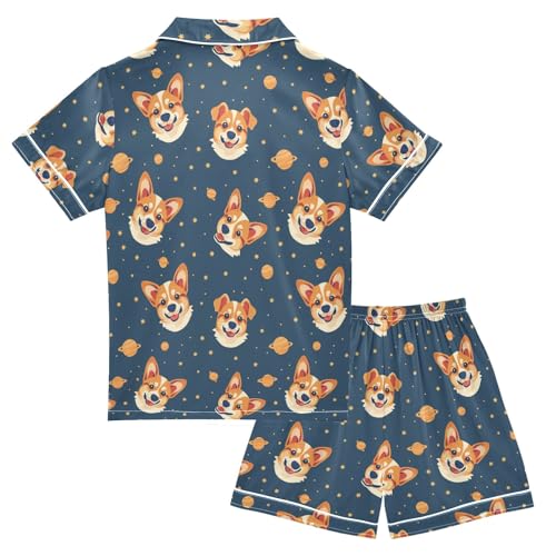 Space Corgi Summer Satin Pajama Set, Cute Button-Down Sleepwear Pj Set for Sleep Wears2