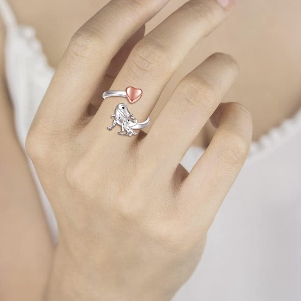 Sterling Silver Dinosaur Elephant Ring for Women: Always with You Mother Heart Adjustable Ring Animal Themed Jewelry Mother's Day Birthday Gift from Daughter Son