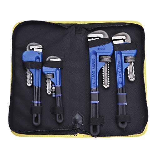 4 Pack Set Heavy Duty Pipe Wrench Set Heat Treated Adjustable 8, 10, 12, 14 Inches Soft Grip Plumbing Wrench Set with Storage Bag