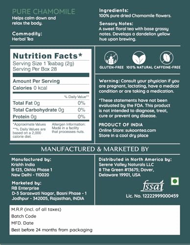 Image of Sukoon, Chamomile Lavender Tea Organic - 100 Tea Bags - Caffeine Free Organic Chamomile Tea Bags