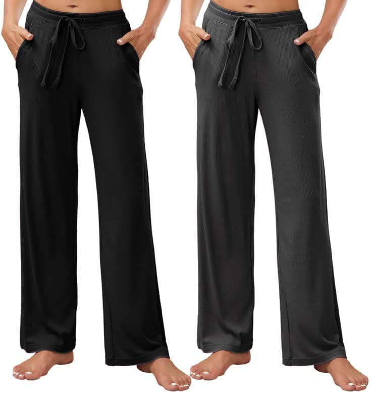 HEARTNICE 2 Pack Women's Pajamas Pants with Pockets Wide Leg Lounge Casual Loose Comfy Stretch Rib Yoga Sweatpants