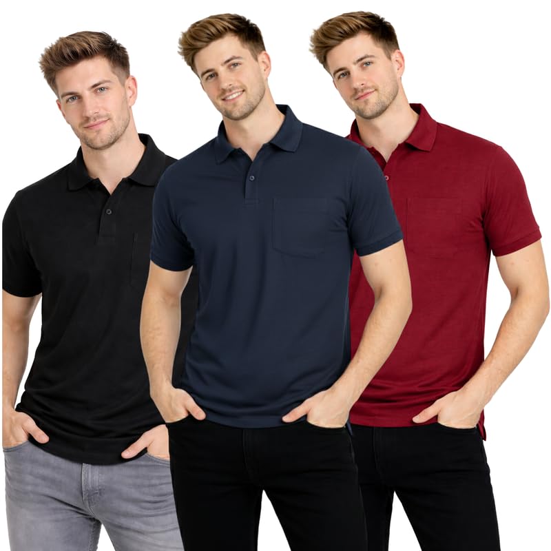 Polo Neck T-Shirt Pack of 3 for Men & Boys | Half Sleeve Collar Tee with Pocket | Premium Spun Matty Fabric | Casual & Office Wear | Sizes M to 2XL | FX_PO3_MCR_NVY_MRN-image-24