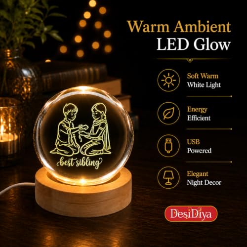 Image of Desidiya 3D Crystal Ball LED Lamp for Brother Sister Rakhi Gift, USB Base | Made from clear K9 crystal with a smooth finish and elegant wooden LED base.