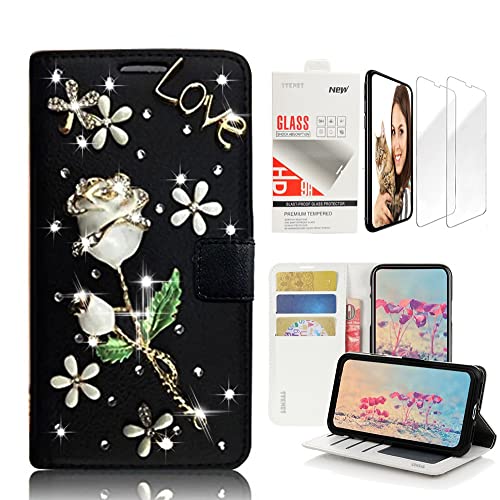 STENES Bling Wallet Phone Case Compatible with Moto G Stylus - Stylish - 3D Handmade Pretty Rose Flowers Floral Leather Cover with Screen Protector [2 Pack] - Black