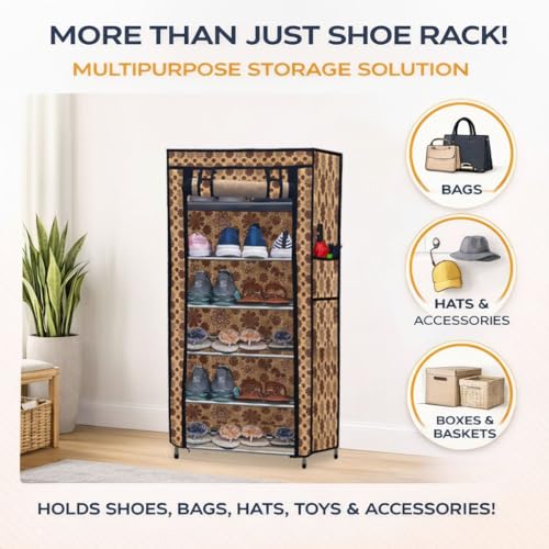 Image of Metal Shoe Stand with Cover, 6 Tier Shoe Organizer for Home & Office - Flower Print