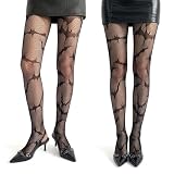 HIVTE 2 Pares de Medias de Rejilla con Encaje Floral para Mujer, Pantis Translúcidos de Talle Alto, Elásticos, Negro, Talla Única