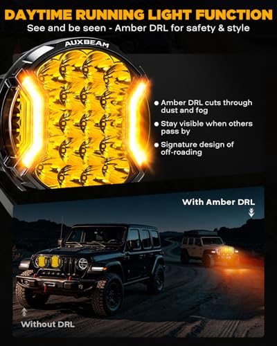 Image of Auxbeam V-Ultra Series 9-Inch Amber Off-Road Lights Round Fog Lights 2-Pack | 3-in-1 DRL Function, 270-Degree Side Shooter, Hyper Spot Beam, 300W 35600LM, Protective Covers, Offroad Light Bars