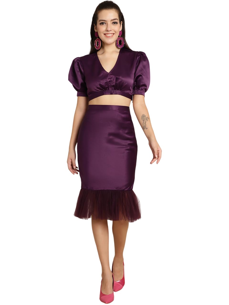 Stylish Womens Polyester Solid Short Sleeves V-Neck Pencil Co-ord Set | Lightweight & Breathable Fabric | Top with Skirt Set-image-34