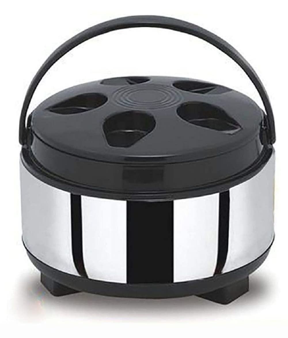 appeasy Stainless Steel Thermoware Casserole Double Wall Puff Insulated Hot Pot with Plastic Lid for hot Meal - 5200ml (Silver & Black)