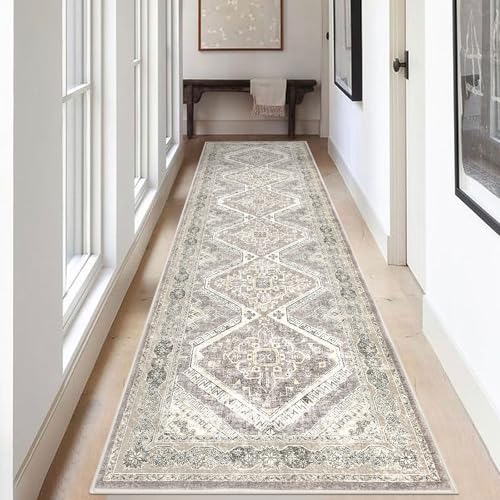 KUTA Vintage Washable Rug Runners 3x10, Ivory Grey Yellow Long Hallway Kitchen 10ft Rugs with Rubber Backing, Non-Slip Soft Printed Oriental Medallion Carpet for Entryway Dining Room