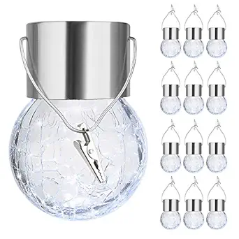 12-Pack Hanging Solar Lights Outdoor, Decorative Cracked Glass Ball Light, Solar Powered Waterproof Globe Lighting with Handle for Garden, Yard, Patio, Lawn, Holiday Decoration(Cool White)