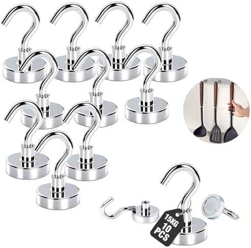 Giantzhong Magnethaken für Camping-​10 Stück | 20 X 33mm | 15 kg Haftkraft | Neodym Magnete Stark für kreuzfahrt, Werkstatteinrichtung, Küche, Badezimmer, Ohne Bohren Abnehmba