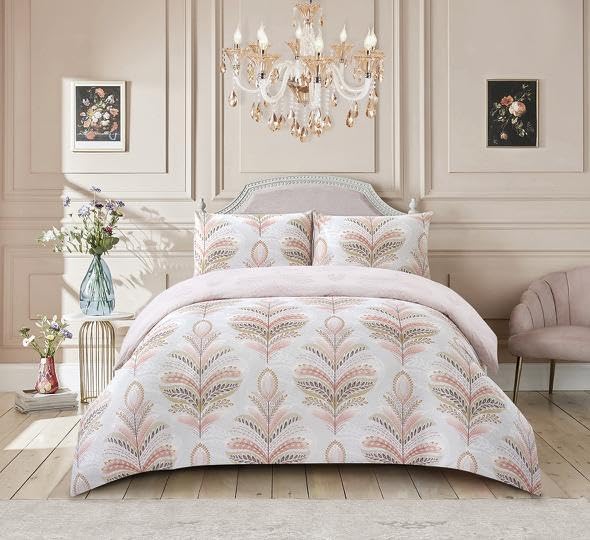 Duvet Cover Set 3 Piece Quilt Cover Bedding Set With Pillow Cases Single,Double,King & Super King Size (Jasmine Damask Pink) — image 1
