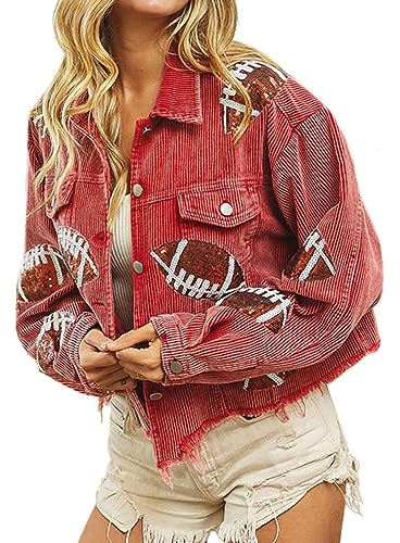 Women's Vintage Corduroy Distressed Ripped Rugby Sequin Shacket Long Sleeve Oversized Jacket2
