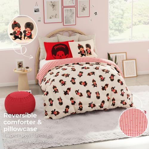 Image of Monchhichi Bedding 7 Piece Full Bed Set, Soft Cozy Nostalgia Reversible Comforter and Sheet Set with Sham, (Officially Licensed Product) by Franco