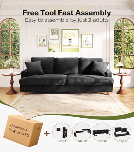 Image of 87in Corduroy Couch, Kidirect Sofa No Tool Assembly, Comfy Couches for Living Room 21in Deeper Seats, Corduroy Sofas for Living Room with 2 Pillows, Oversized Loveseat Sofa, Boho Love Seat Black Couch