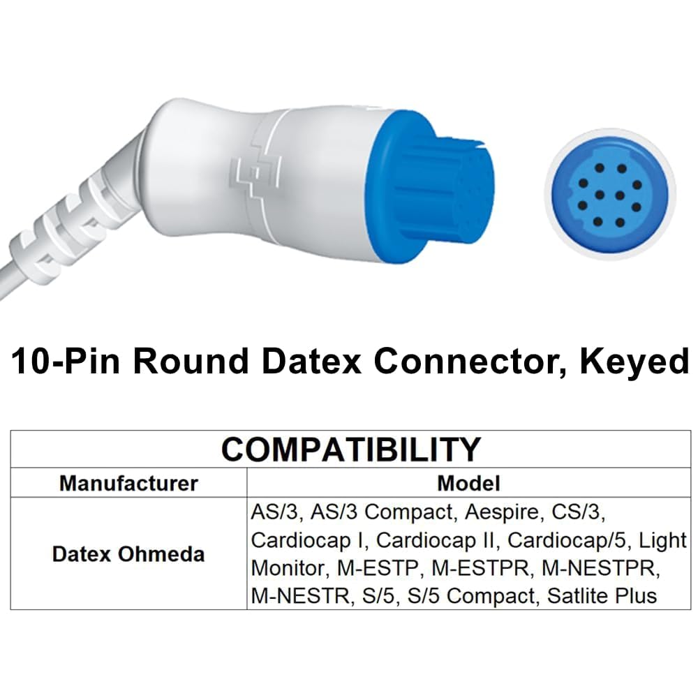 Skmeditec Compatibile Datex Ohmeda Cardiocap I, Cardiocap II EKG//ECG Cavo a connessione diretta Pinch a 3 derivazioni, Cavo Pinch di ricambio con connettore a 10 pin