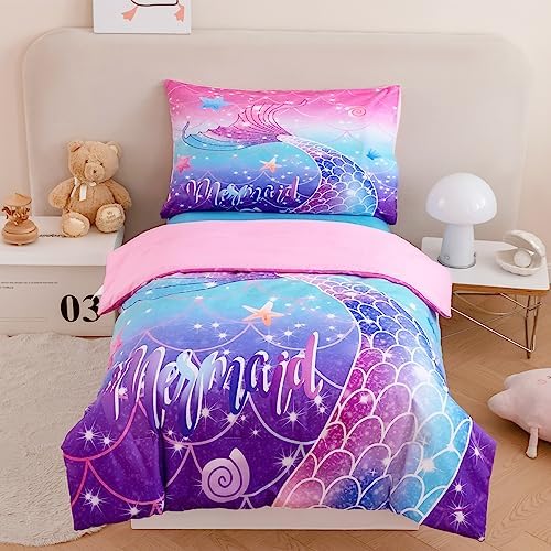 STYHO Mermaid Duvet Cover Set Single Colorful Rainbow Girls Bedding Set Soft Reversible Pink Purple Mermaid Scales Ombre Bed Set for Kids/Children/Teens/Junior(Pink Purple Mermaid, Single)