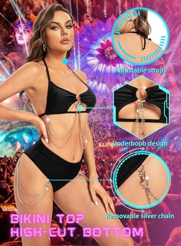Rave Outfits for Women - Bikini Top Music Festival Underboob Shirt High Cut Bottom Disco Outfit with Silver Chain3