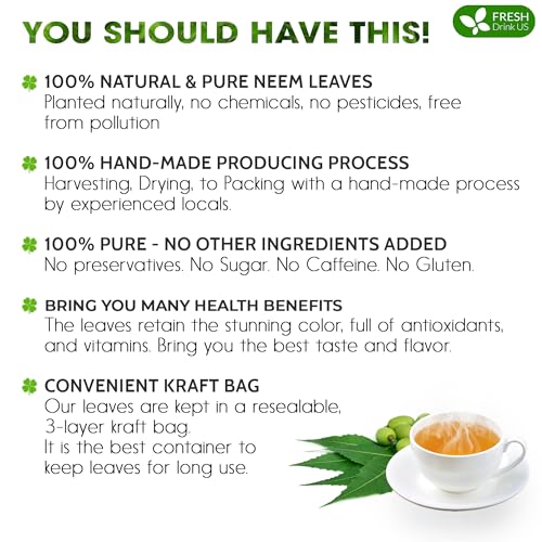 Image of FRESHDRINKUS Premium 6oz Neem Leaves, 100% Natural & Pure, Wild Harvested, Cut & Sifted, Neem Leaf Herbal Tea, No Additives, No Caffeine, Vegan