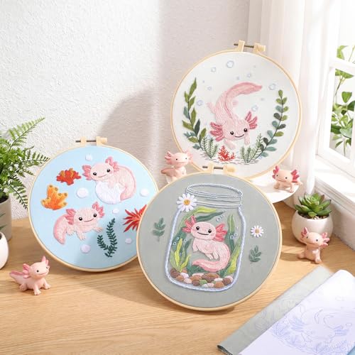 Image of Mindsoft 3 Set Needlepoint Kit for Beginners with Hoop,Axolotl | Bamboo Hoop Thread Needles Instructions, Easy Hand Embroidery for Beginners Home Crafts,Pre-stamped Funny Cute Designs