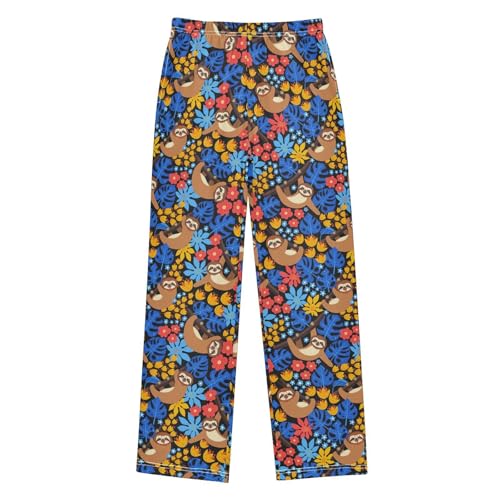 ZZXXB Sloth Hibiscus Flowers Boys Long Pants Soft Trousers Elastic Waist Kids Lounge Bottoms with Pockets S-XL