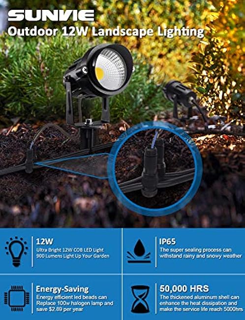 SUNVIE 12W Low Voltage LED Landscape Lights with Connectors, Outdoor 12V Super Warm White (900LM) Waterproof Garden Pathway Lights Wall Tree Flag Spotlights with Spike Stand (10 Pack with Connector)