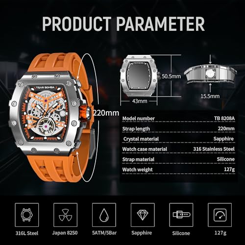 Image of TSAR BOMBA Men's Automatic Watch Tonneau Luxury Skeleton Watches for Men Mechanical 50M Waterproof Analogue Watches Mens Unique Cool Square Big Face Dial Wristwatch with Silicone Strap Band