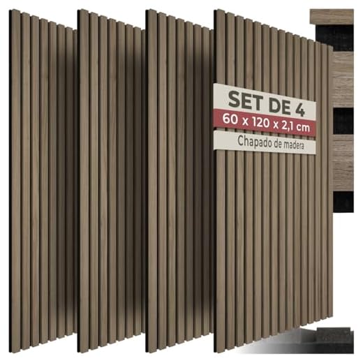 tectake® Paneles Acusticos Decorativos MDF, Chapa de Madera Real, Excelente Acústica, Tejido de Fieltro y Madera, Insonorización Acústica Pared - 4 Paneles Roble Oscuro 120 x 60 x 120 cm