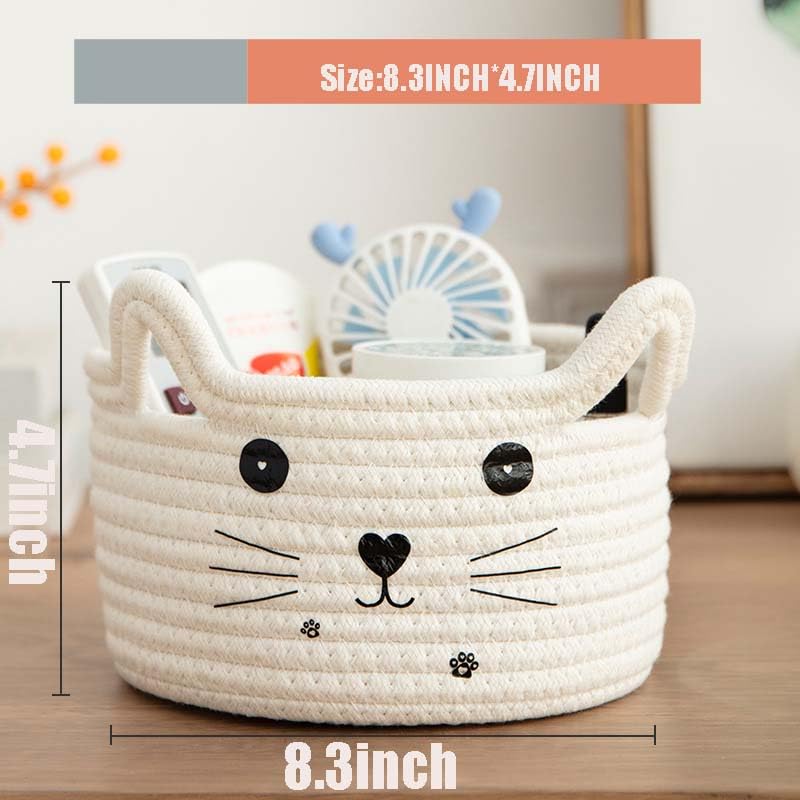 Kamuavni Cat Basket Storage Woven Basket Organizer with Ears Decorative Cute Pet Toy Basket Cotton Rope Basket for Gifts Cartoon Baby Nursery Basket 8.3 x 4.7 inches,White