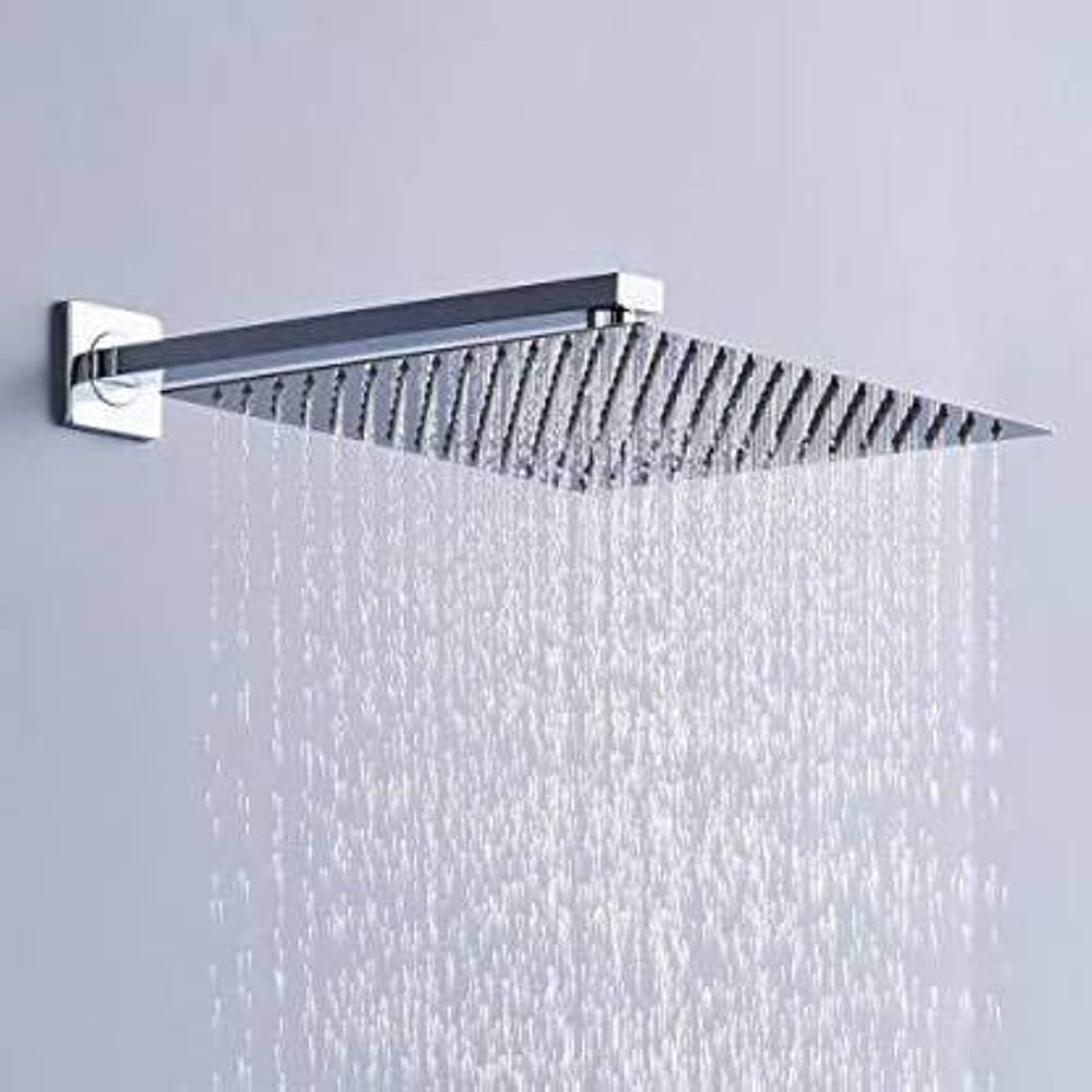 STOMAN Super Slim Square Shower Head - 8x8 Inches with ARM 12Inch | Rain Shower, Stainless Steel, High Pressure, Anti-Clogging, Chrome Finish, for Bathroom (8x8 inch with 12 Inch Arm)
