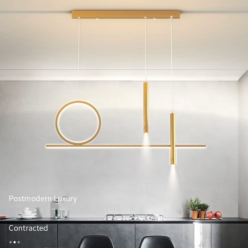 Nowoczesna lampa wisząca z długim pierścieniem z oświetleniem LED i reflektorem, metalowa lampa wisząca do jadalni, salonu i baru. Regulowana lampa sufitowa, żyrandol - złoty - A