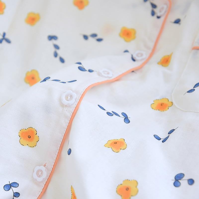 codcm Womens 3pcs Cotton Gauze Pajama Set Short Sleeve Sleepwear Floral Print Cute Pj Set with Long Pants - Image 4