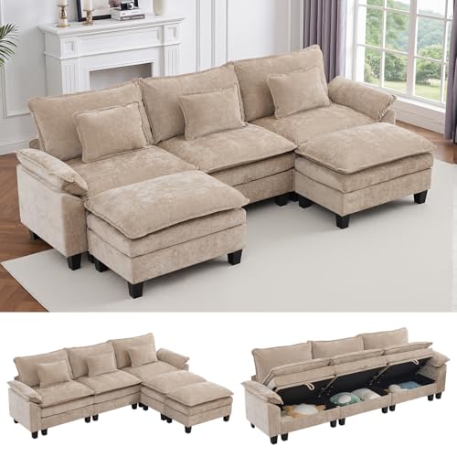 Image of IPKIG 117 inch Modular Cloud Couch with Storage, U Shaped Sectional Sofa with Ottoman & Pillow, Chenille Deep Seat Sectional Couches for Living Room, Apartment, Khaki