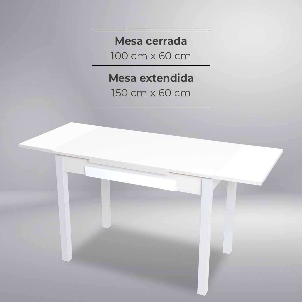 Astimesa - Mesa de Cocina Extensible con Tapa laminada, con 2 Alas y Cajón - Estructura de Metal Blanco - Color: Blanco - Mesa Cerrada: 100 cm x 60 cm. Mesa extendida: 150 x 60 cm