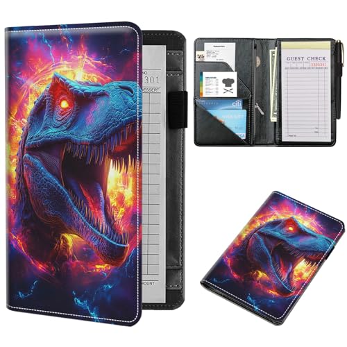 NLZQTTBD Server Books for Waitress Cute Waitress Book PU Leather Server Book with Zipper Wallet Black Serving Book Organizer Fit Server Apron,Color Tyrannosaurus