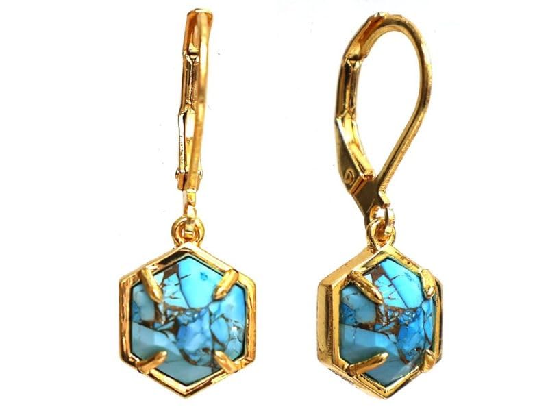 Gempires Gemstone Earrings with Hexagon Shape Gemstone Suspended with Lever Back Closure, 14k Gold Plated, Hypoallergenic and Safe Jewelry