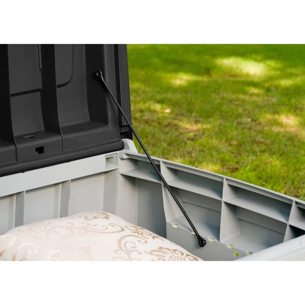 Keter Novel Kissenbox 340L - Wetterfeste Aufbewahrungsbox mit Sitzbank - Gartenbox für Auflagen und Kissen - 124x55x62,5cm Grau/Schwarz