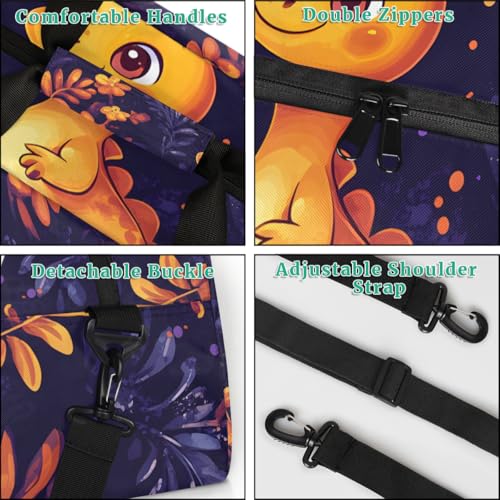 Cute Dinosaur Orange Gym Travel Duffle Bag for Boys - Gymnastics Sports Dance Bag with Front Zipper Pocket for School Practice or Overnight Travel Weekender Sleepover Tote Bag Orange4