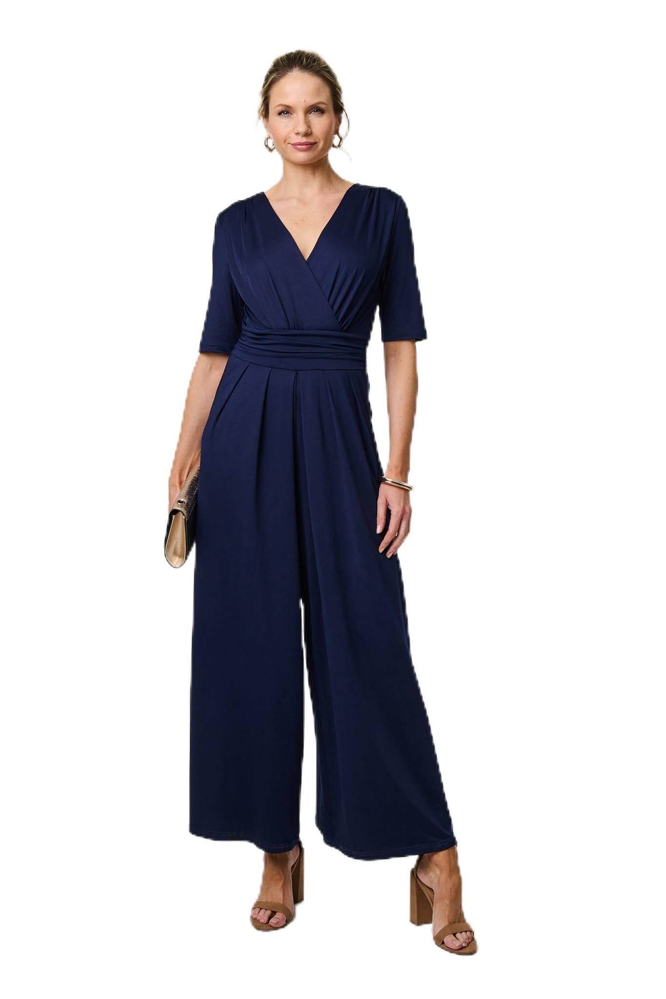 Izabel London 1/2 Sleeve Wrap Waist Wide Leg Jumpsuit - Navy - 14