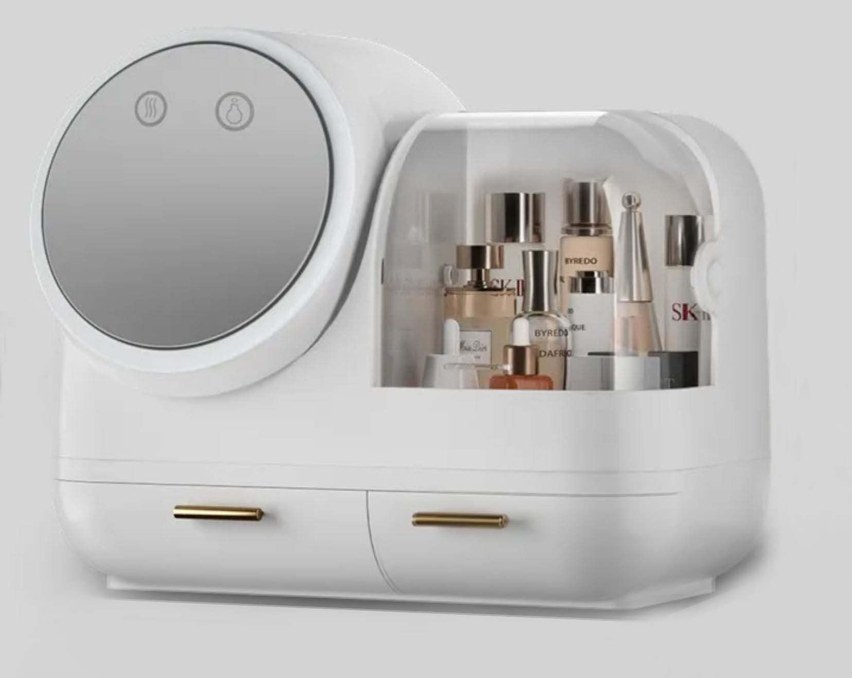 JJ Palace Makeup Organizers with 360 Degree Rotating LED Cosmetic Storage Box with Fan Dressing Table Display Box with Drawer