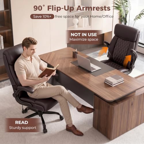 Image of Ergonomic Office Chair with Lumbar Support, Executive Leather Computer Desk Chair with Flip Up Arms & Rocking Function, High Back Big and Tall Comfortable Gaming Chair for Home Office
