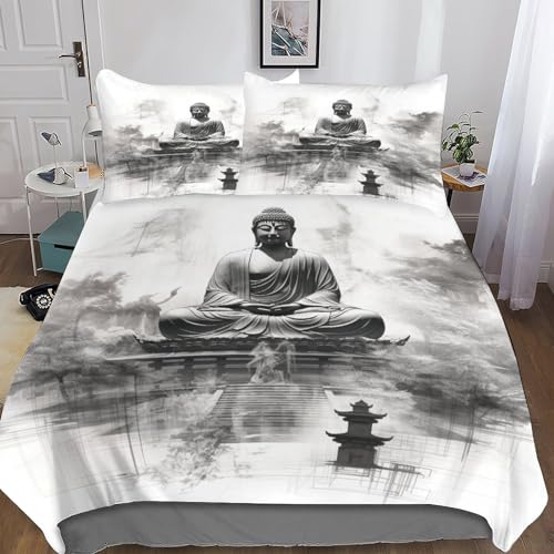 Bouddha 3 Pièces Qualité Parure De Lit Avec Housse De Couette En Microfibre Supérieure Literie Statue de Bouddha Parure Convient Aux Enfants Et Aux Jeunes Adultes...