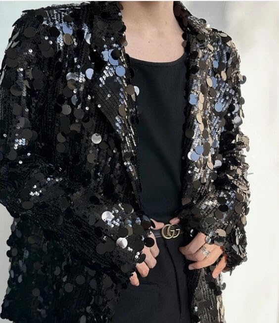Loose Men's Sequins Jacket Coat Blazer Casual Bling Wear for Party Prom Singer Dancer Performance (US, Alpha, Medium, Regular, Regular, Black)3
