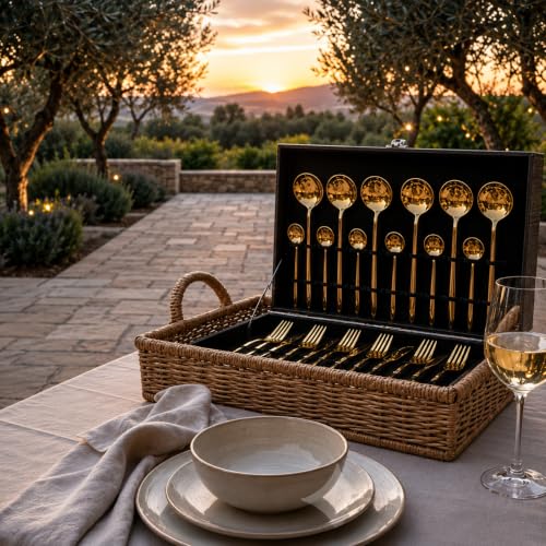 Image of 24-Piece Gold Stainless Steel Cutlery Set with Premium Storage Textured Plastic Box | Mirror Finish Flatware for 6 | Dinner Spoons, Forks, Knives & Teaspoons | Luxury Gift Set