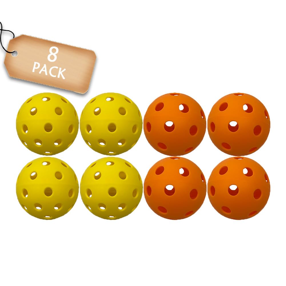 Gloperti Pickleball Balls Specifically Optimized Design Pickleball Balls, Flight Trajectory is Stable, 4 Yellow 40 Holes Outdoor Balls and 4 Orange 26 Holes Indoor Balls Pack of 8 with A Mesh Bag