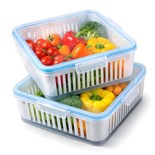 HOMYZEN 2 PCS Fridge Storage Containers with Drain Basket 2200ml Each | Airtight Silicone Seal Lid | BPA Free Stackable Fridge Organiser Storage Boxes, Fruit & Vegetable Storage Box for Refrigerator