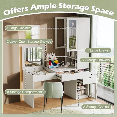 Image of JIVOIT Vanity Desk with Mirror, Versatile Makeup Dressing Table with 8 Hidden Storage Compartments, 3 Drawers, 2 Cabinets and Open Shelves, Glass Door, Computer Desk for Home Office