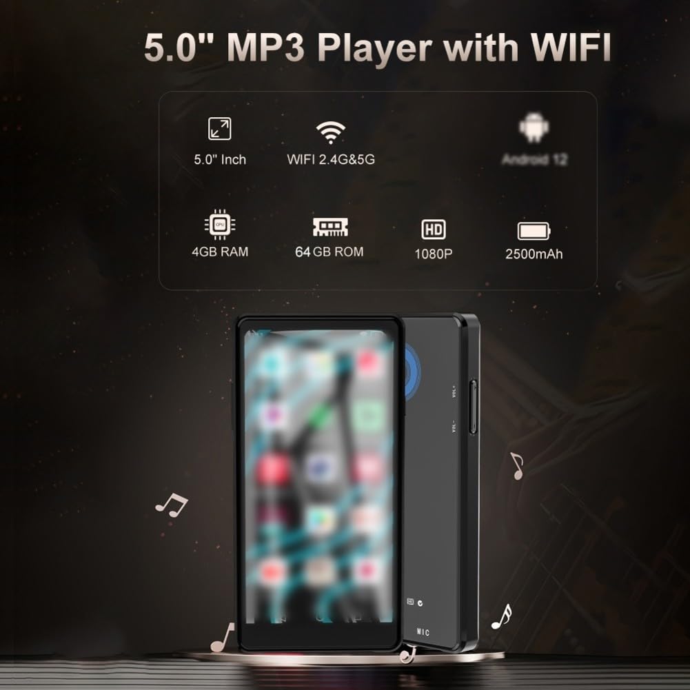 Reproductor multimedia digital portátil de 64 GB, pantalla de 5 pulgadas, WiFi y Bluetooth 5.0, audio y vídeo multiformato